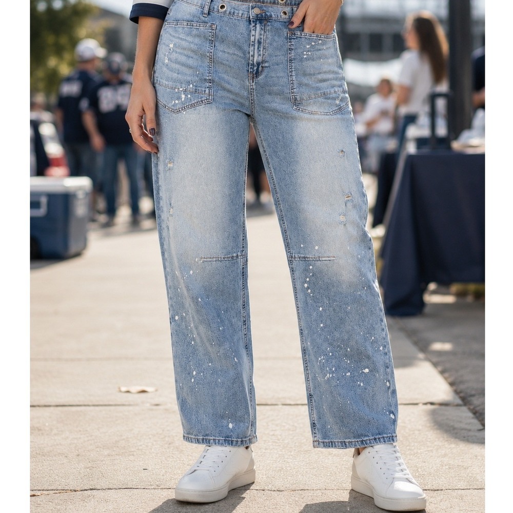 Grommet Waist Paint Splatter‎ Straight Leg Distressed Denim Jeans Blue Womens L